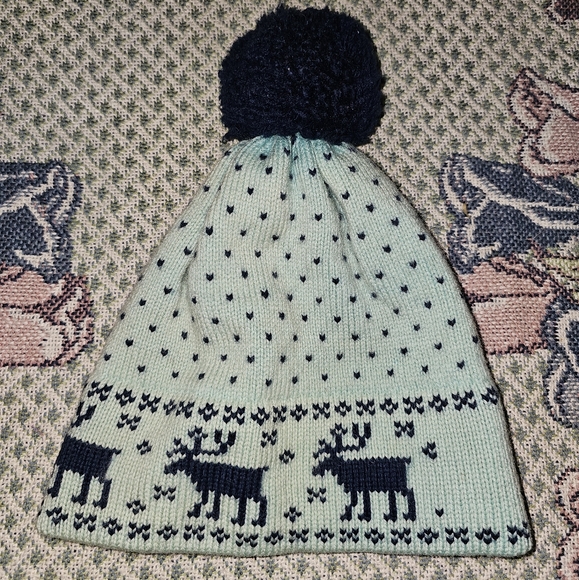 Stowe Woolens kids snow beanie hat pom-pom blue elk print wool vintage - Picture 2 of 5